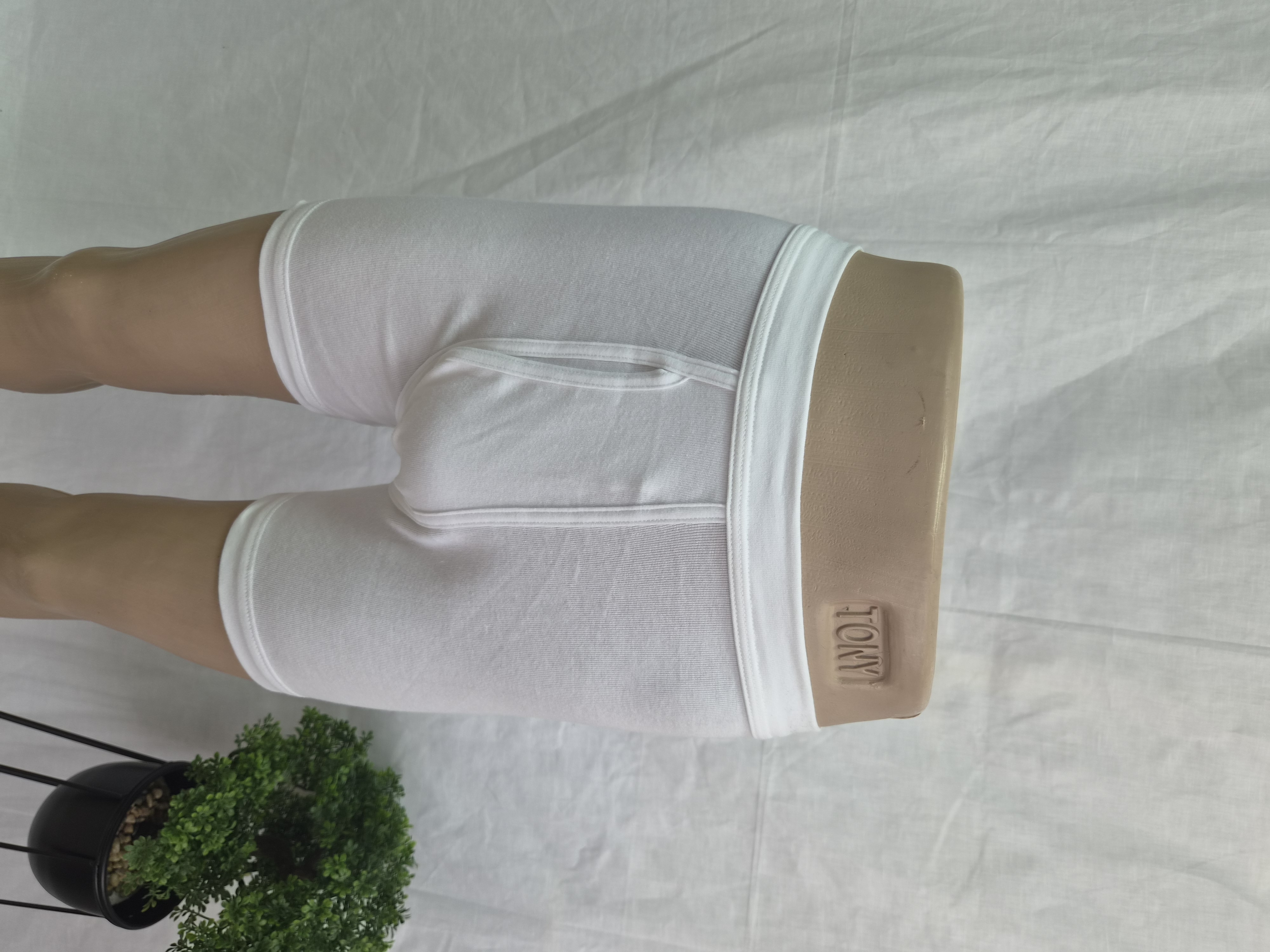 Men's white boxer briefs with front opening